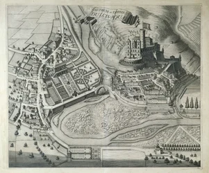Dolceacqua, Das Dorf Dolceacqua (Imperia) aus Theatrum Regiae Celsitudinis Sabaudiae von Joan Blaeu, Amsterdam