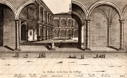 Der Innenhof des Archiginnasio-Palastes, Bologna, Emilia-Romagna, Italien, Kupferstich, ca. 21x29 cm