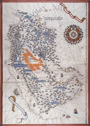 Karte der Arabischen Halbinsel, mit Windrose und Details von Häfen und Küsten, im Atlas von Joan Martines