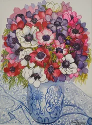 Anemonen in einem blauen und weißen Topf, mit blau-weißem Textil, 2000