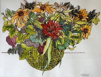 Rudbeckia mit Laub in einem Korb