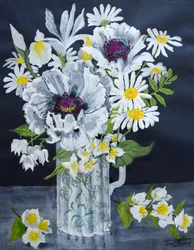 Weiße Mohnblumen, Margeriten und Philadelphus (Gouache)