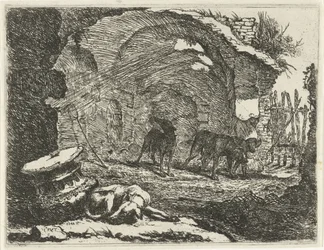 Vier Hunde bei einer Ruine