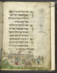 MS Add. 14762, fol. 15r, Exodus und Durchquerung des Roten Meeres, aus der „Aschkenasischen Haggada“, um 1460