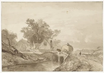 Landschaft mit einer Brücke mit einem Heuwagen darauf
