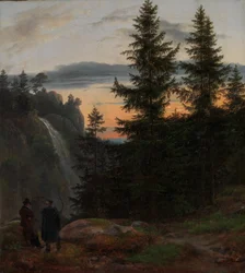 Zwei Männer vor einem Wasserfall bei Sonnenuntergang, 1823