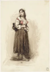 Stehendes Mädchen mit einem Krug auf dem Rücken
