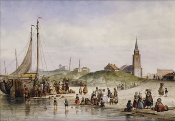 Fischerleute am Strand mit einer Stadt im Hintergrund, 1857