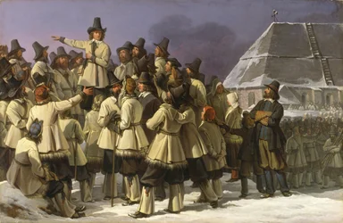 König Gustav Vasa von Schweden spricht zu den Männern aus Dalarna in Mora, 1836