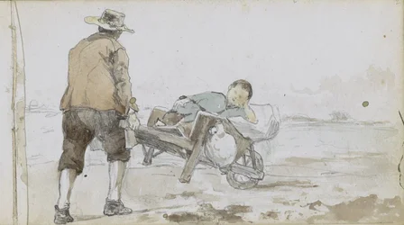 Landschaft mit einem Mann, der einen Jungen auf einem Handkarren schiebt