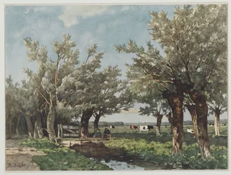 Landschaft mit einem Graben, in dem zwei Jungen angeln
