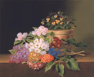 Flieder, Apfelblüten, Kornblumen und Bartnelken mit einem Topf Stiefmütterchen auf einem Sims, 1827