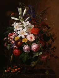Lilien, Pelargonien und Rosen in einer griechischen Vase. Gemälde von Johan Laurentz Jensen (1800-1856) Privatsammlung.