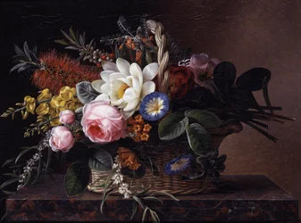 Stillleben mit Callistemons, Lilien, Ginster, Rosen und Winden
