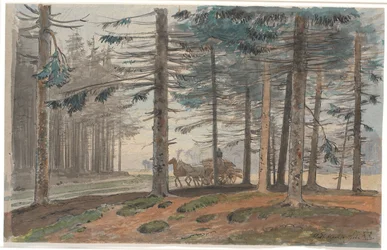 Fichtenwald mit Weg, auf dem ein Pferdewagen mit Holz fährt. Im Hintergrund eine Lichtung im Wald
