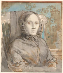 Porträt der Mutter des Künstlers, Oberstin Cathrine Lundbye (geb. Bonnevie); Halbfigur, sitzend im Stuhl nach rechts.