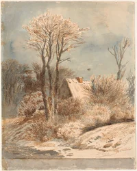 Schneelandschaft mit Haus zwischen Bäumen
