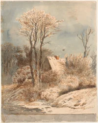Schneelandschaft mit Haus zwischen Bäumen