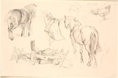 Studienblatt mit Pferden, Feldgeräten und einer Henne auf ihrem Nest
