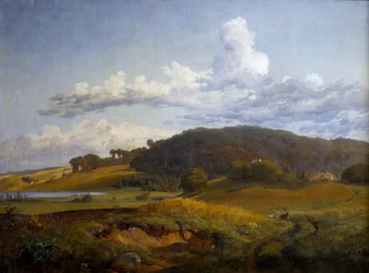 Blick von Vinderød auf Høbjerg bei Frederiksværk mit dem Elternhaus von J. Th. Lundbye