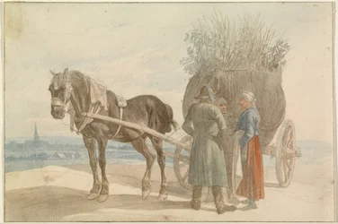 Österreichische Bauern mit Pferd und Wagen, mit Wien in der Ferne