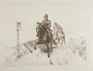 Zwei Reiter im Galopp auf einer Brücke