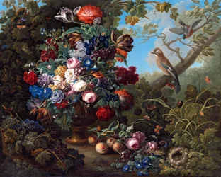 Großes Blumenstillleben mit Vögeln