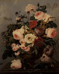 Rosen, Nelken, Winden und andere Blumen in einer Vase auf einem Sims