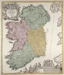 Karte von Irland mit den Provinzen Ulster, Munster, Connaught und Leinster, von Johann B. Homann, um 1730 (handkolorierte Gravur)