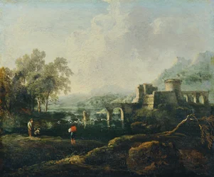 Ideale Landschaft mit Fluss und Brückenruine (Der Morgen)