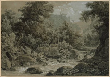 Gebirgs- und Waldlandschaft, vorne ein Bach
