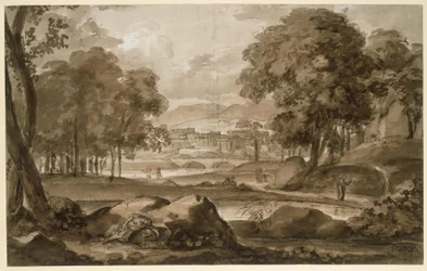 Große Waldlandschaft mit antiker Stadt und figürlicher Staffage