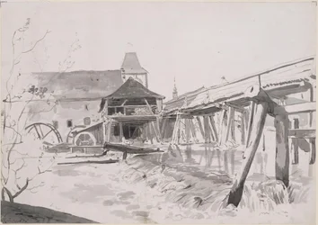 Holzbrücke mit Wehr und Wassermühle