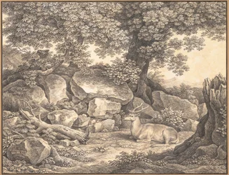 Italienische Landschaft mit Bäumen, Felsen und einem ruhenden Hirsch