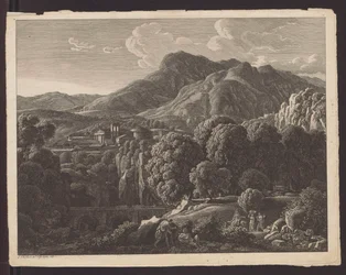 Berglandschaft mit Stadt klassischer Architektur im Hintergrund