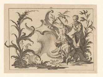 Chinese mit Tasse und Untertasse, sitzend in einem Rokoko-Ornament, neben ihm steht eine Frau mit Fächer