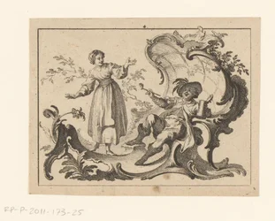 Pijprokende en drinkende man gezeten op een rococo-ornament