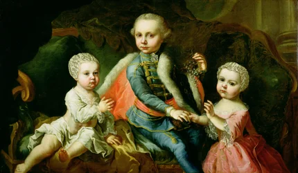 Drei Kinder auf einem Sofa sitzend, angeblich Mitglieder der Familie Esterhazy
