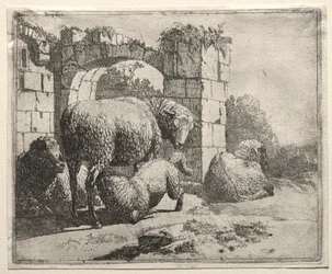 Schafe in der Nähe der Ruinen eines Bogens, 1665