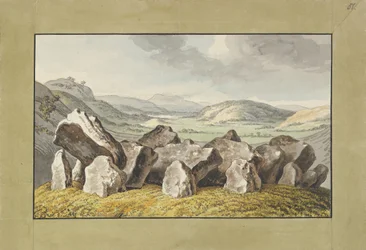 Ein prähistorischer Steinkreis auf einem Hügel, eine weite Landschaft dahinter, Mitte des 18. bis Anfang des 19. Jahrhunderts