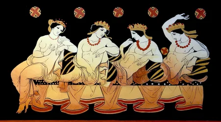 Eine weibliche Prostituierte unterhält drei Männer während eines Festes, ca. 1796