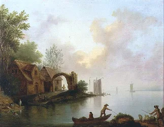 Bewaldete Flusslandschaft mit Bootsmännern