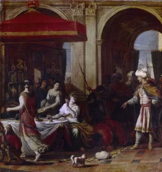 Das Festmahl von Esther. Esther (Hadassah bat Avihail), Ehefrau von Assuerus, König von Persien (Xerxes I, 519-465 v. Chr.), nach dem Dekret zur Vernichtung der Juden im Königreich durch den Wesir Haman, lädt die beiden Männer zu einem Festmahl ein, bei de