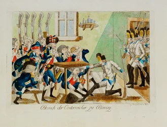 Österreichische Soldaten überraschen ein französisches Detachement in seinen Quartieren in Bavai