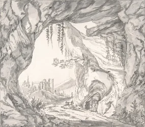 Gebirgige Landschaft mit Ruinen einer Burg und drei Männern in einer Höhle..., spätes 18. - frühes 19. Jahrhundert
