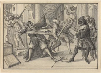 Mezzetin und Harlekin benutzen den Bilderrahmen, um Pantaloon und Pierrot zu fangen