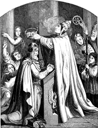 Die Krönung von Kaiser Karl dem Großen durch Papst Leo III. (Illustration aus der Geschichte des deutschen Volkes von E. Duller, 1840)