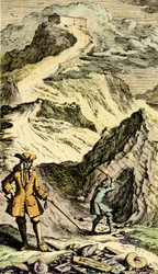 Paläontologie: Der Schweizer Naturforscher Johann Jakob Scheuchzer (1672-1733) entdeckte in den Schweizer Bergen die Spuren der universellen Sintflut dank Fossilien. Gravur aus „Museum Diluvianum“