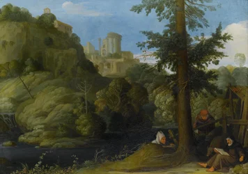 Ein Einsiedler mit zwei Reisenden in einer bewaldeten Landschaft