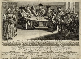 Gespräch zwischen 7 am Krieg beteiligten Nationen in einem Café, 1757